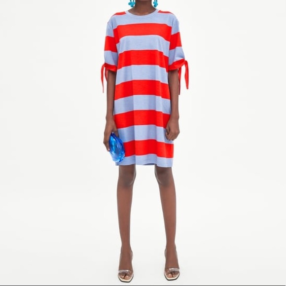 Zara Dresses & Skirts - Zara Red and Blue Tie Sleeve T-shirt Dress